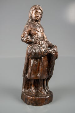 German Carved Wooden Figure of Shepherdess with a Sheep