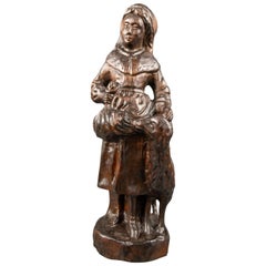 German Carved Wooden Figure of Shepherdess with a Sheep