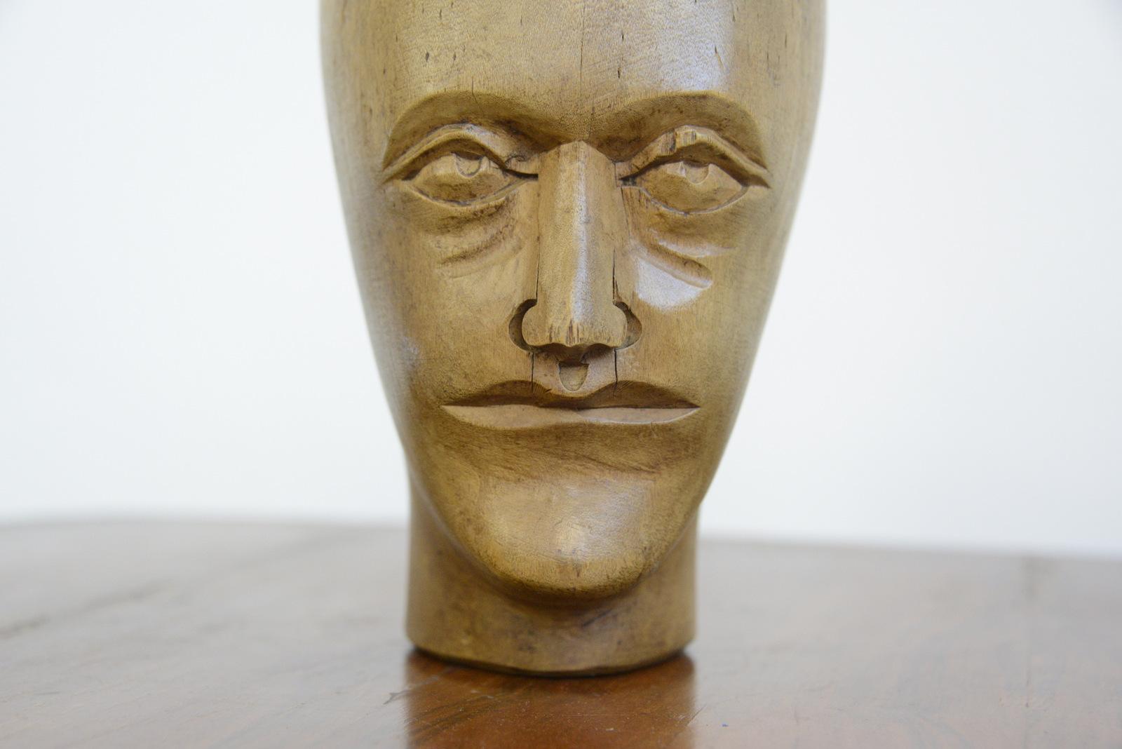 German carved wooden milliners head circa 1910

- Hand carved from sycamore
- Used in the displaying and making of hats
- German ~ 1910
- Measures: 25cm tall x 15cm wide x 18cm deep

Condition report

Signs of its previous in the form of