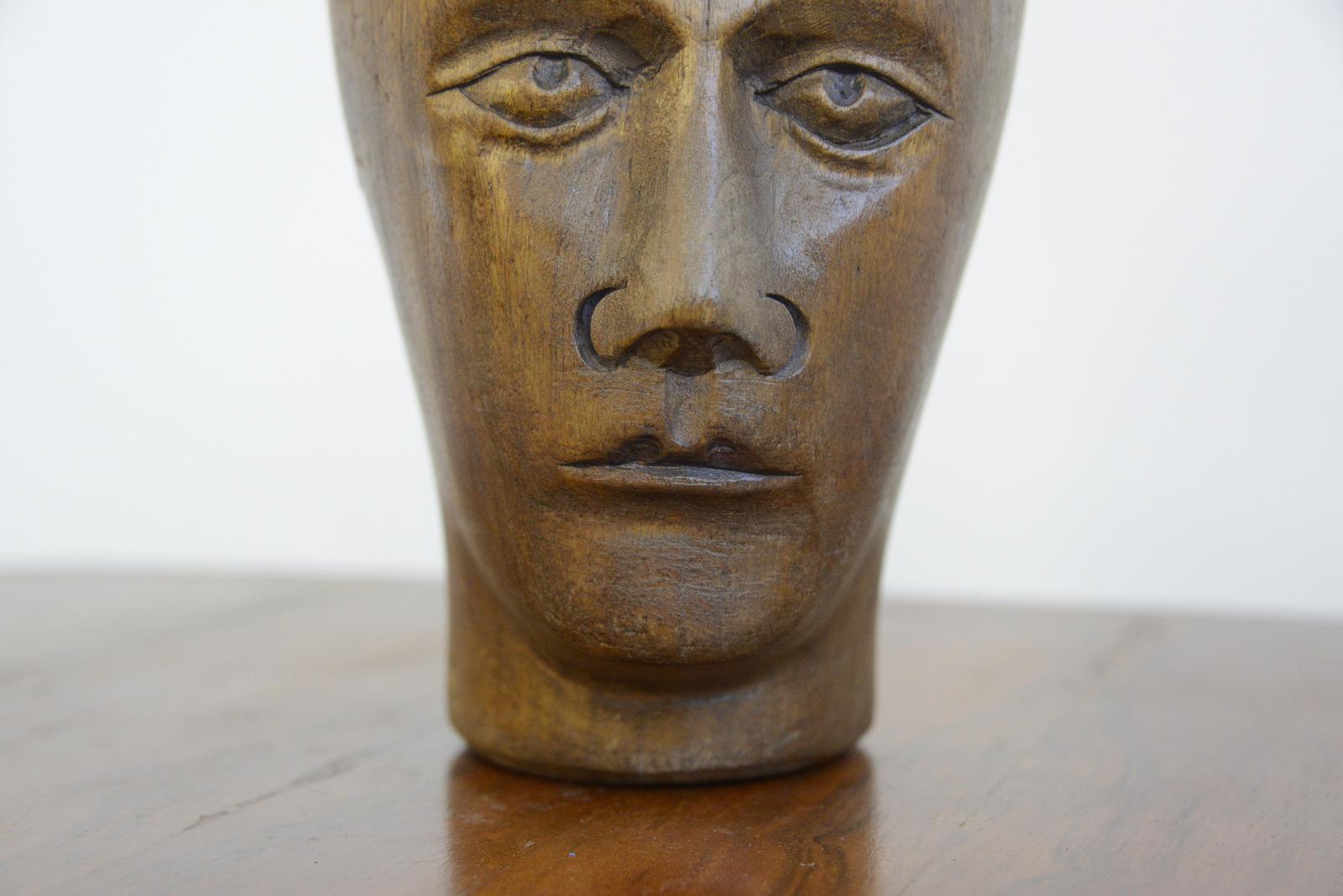German carved wooden Milliners head, circa 1910

- Hand carved from sycamore
- Used in the displaying and making of hats
- German ~ 1910
- 25cm tall x 15cm wide x 18cm deep

Condition report

Signs of its previous in the form of pin