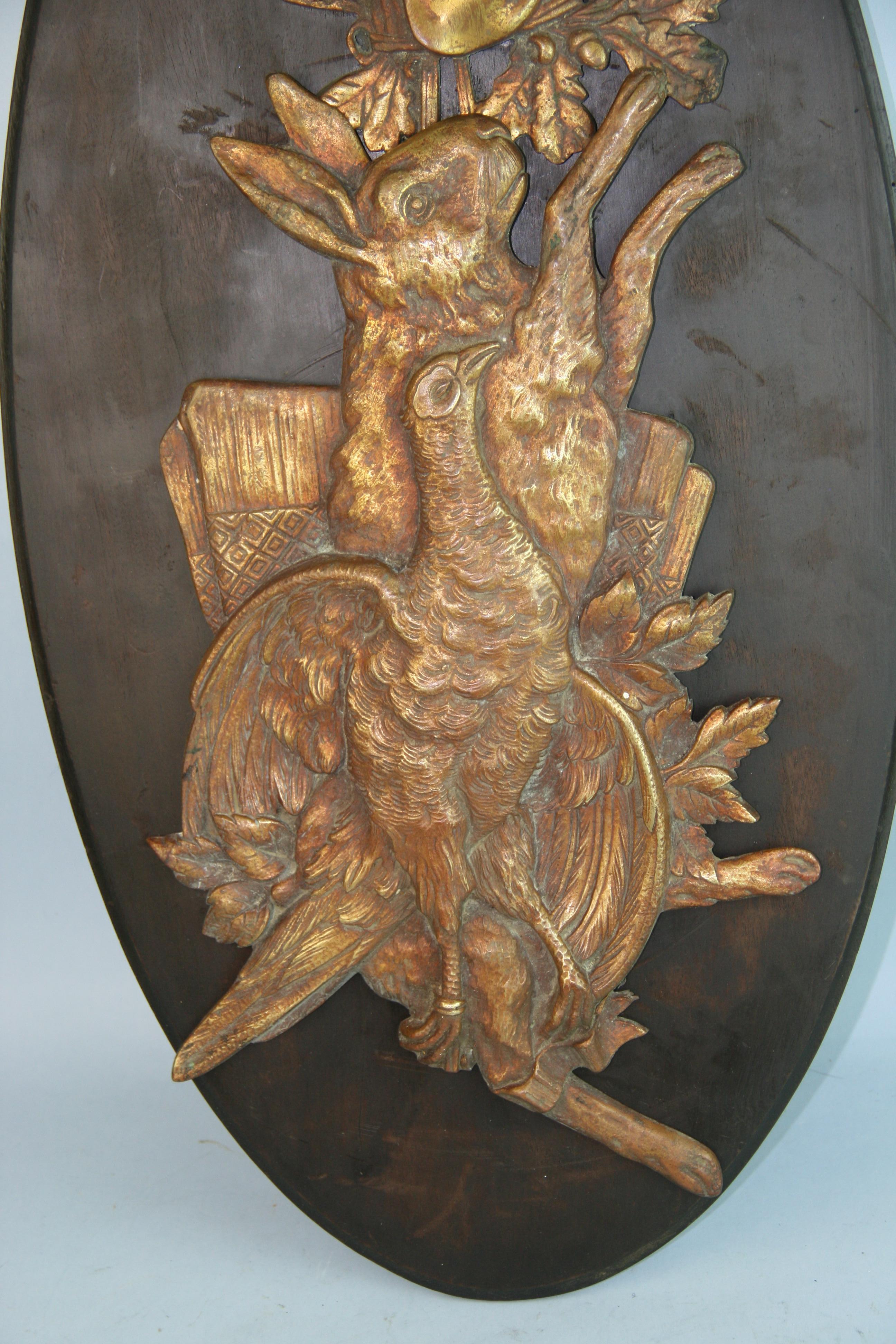 German Cast Bronze Hunting Plaque Hound, Rabbit and Pheasant circa 1920's In Good Condition For Sale In Douglas Manor, NY