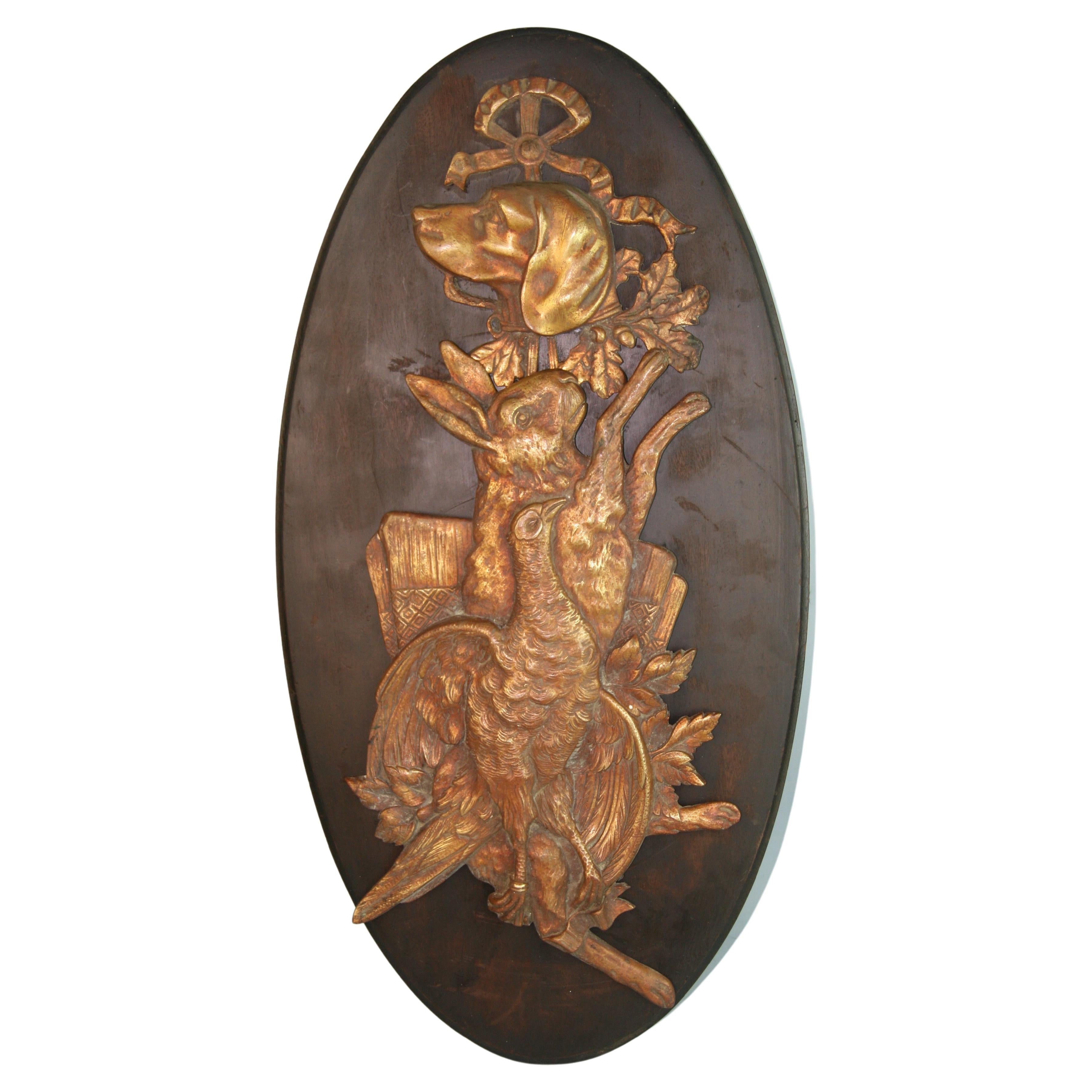 German Cast Bronze Hunting Plaque Hound, Rabbit and Pheasant circa 1920's For Sale