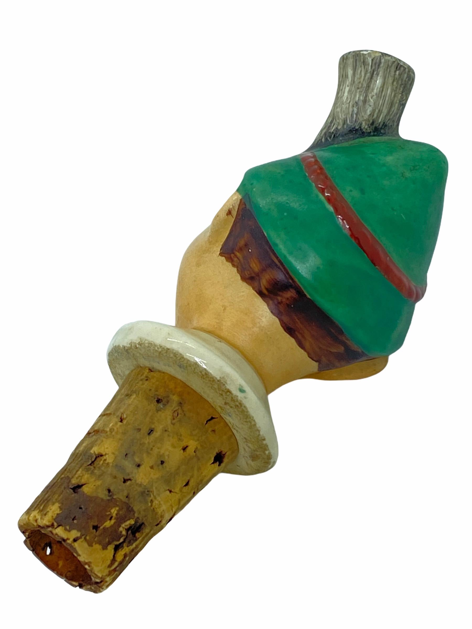 Folk Art German Ceramic Figural Boy Head Cork Pourer Bottle Stopper, 1930s