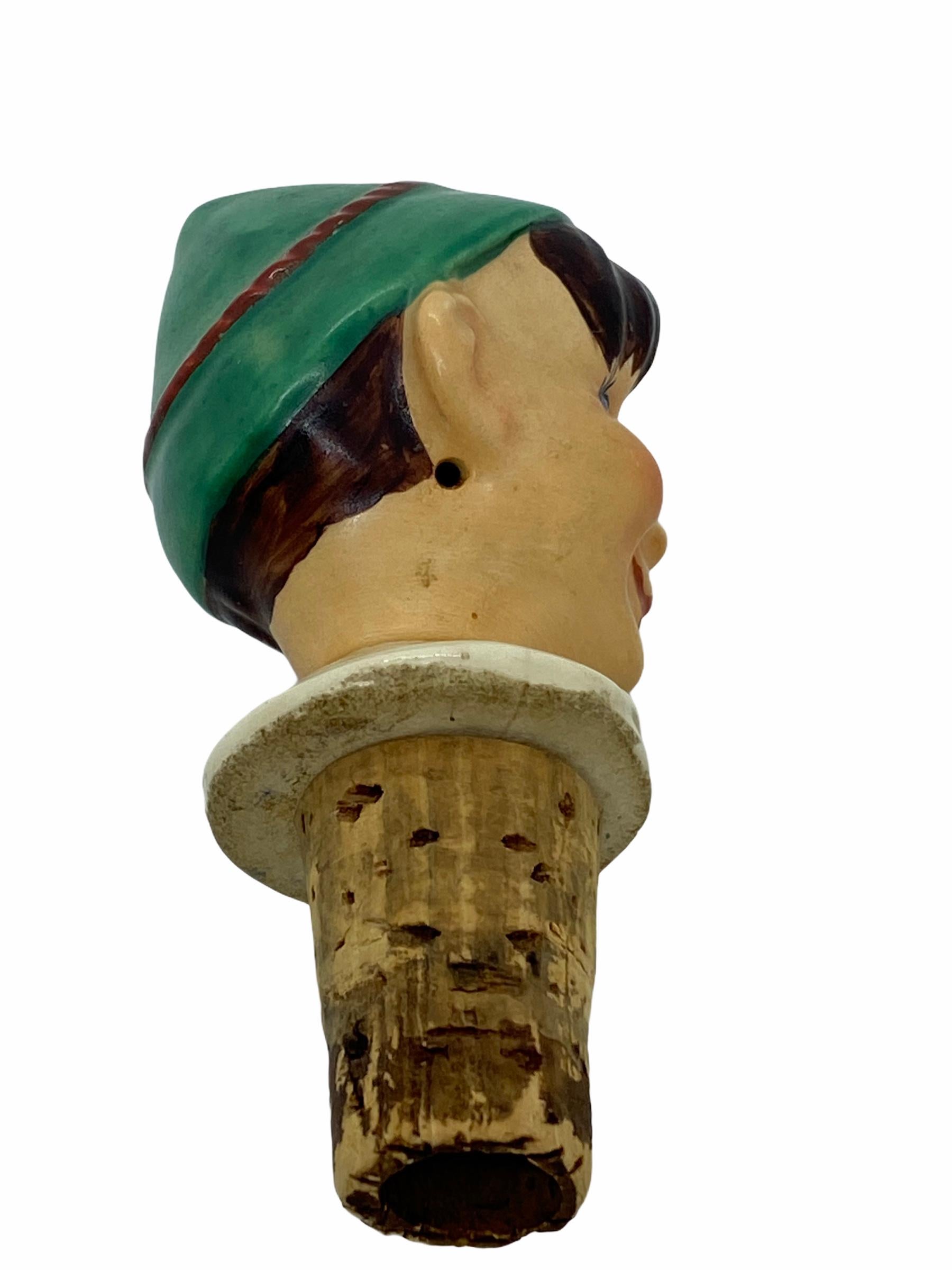 German Ceramic Figural Boy Head Cork Pourer Bottle Stopper, 1930s In Good Condition In Nuernberg, DE