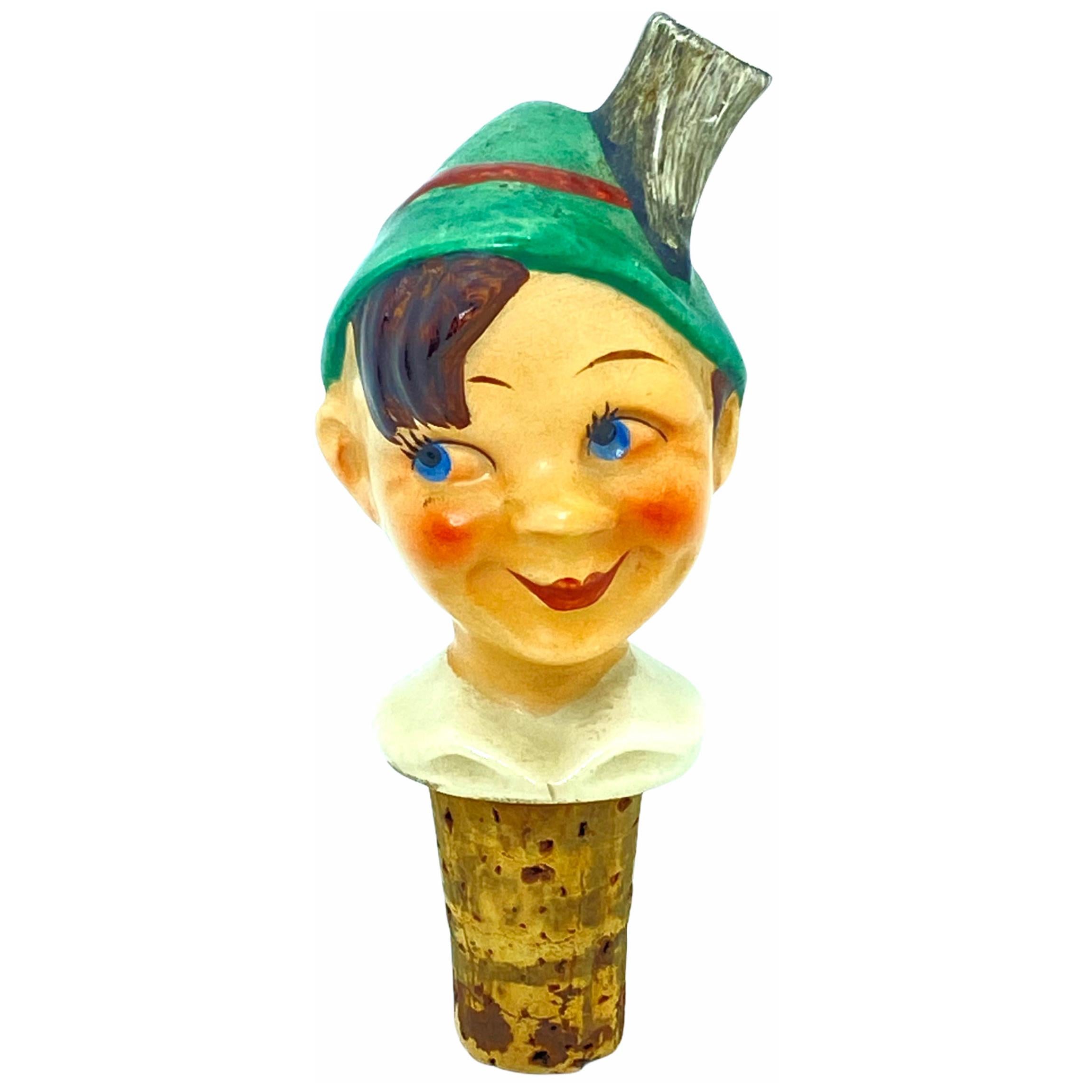 German Ceramic Figural Boy Head Cork Pourer Bottle Stopper, 1930s