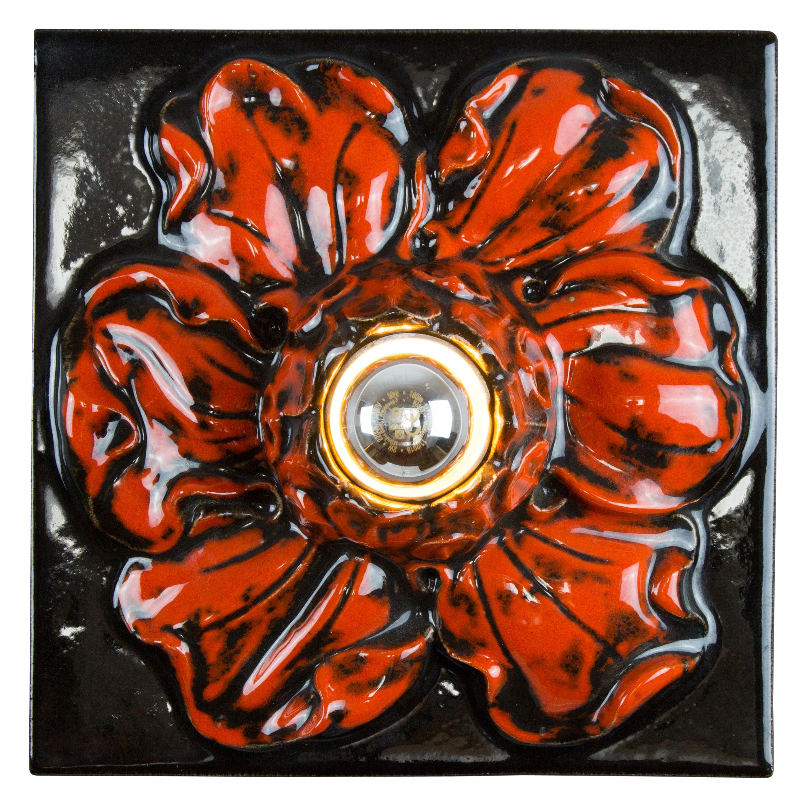 German Ceramic Red and Black Flower Shaped Square Wall or Ceiling Lamp, 1960s For Sale