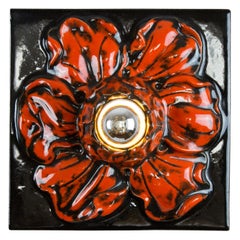 Retro German Ceramic Red and Black Flower Shaped Square Wall or Ceiling Lamp, 1960s