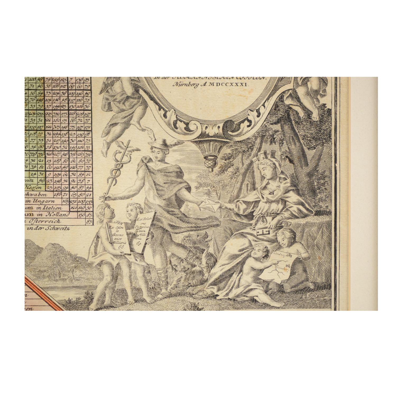 Verre Tableau d'impression original de la gravure allemande de 1731 représentant des distances européennes par T. Mayer  en vente