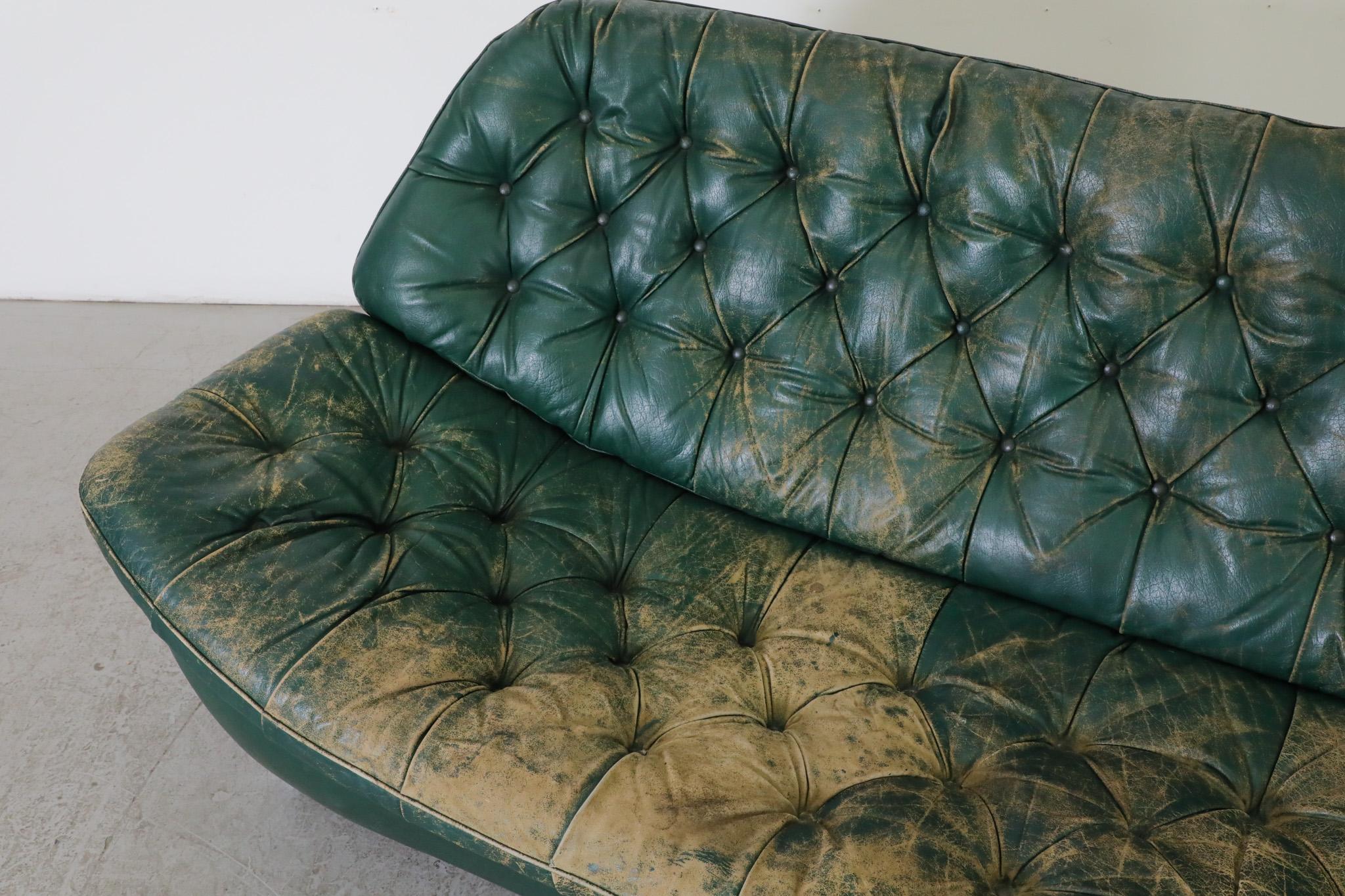 Mid-Century Chesterfield Style Green Leather Tufted Sofa 6