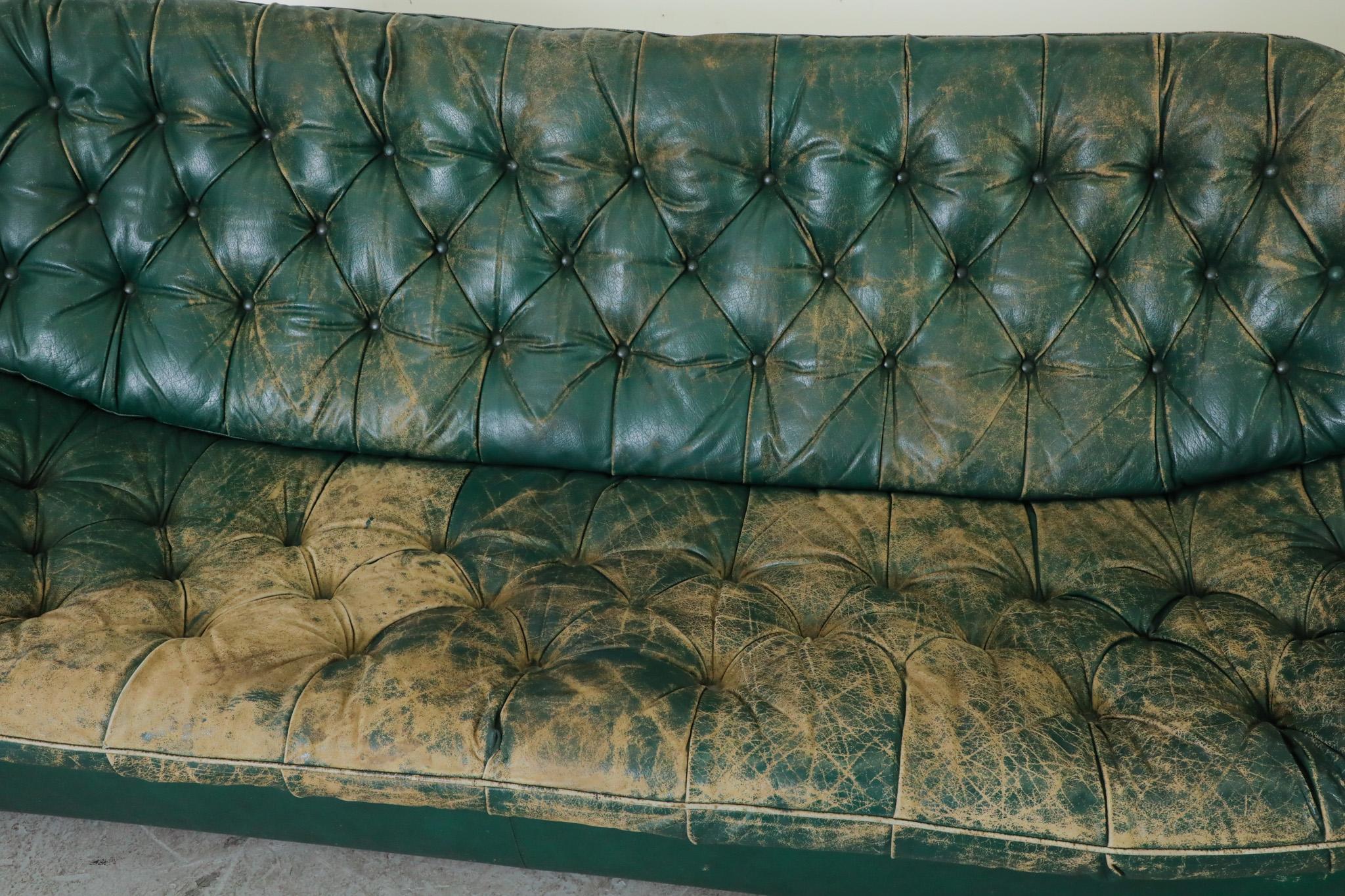 Mid-Century Chesterfield Style Green Leather Tufted Sofa 7