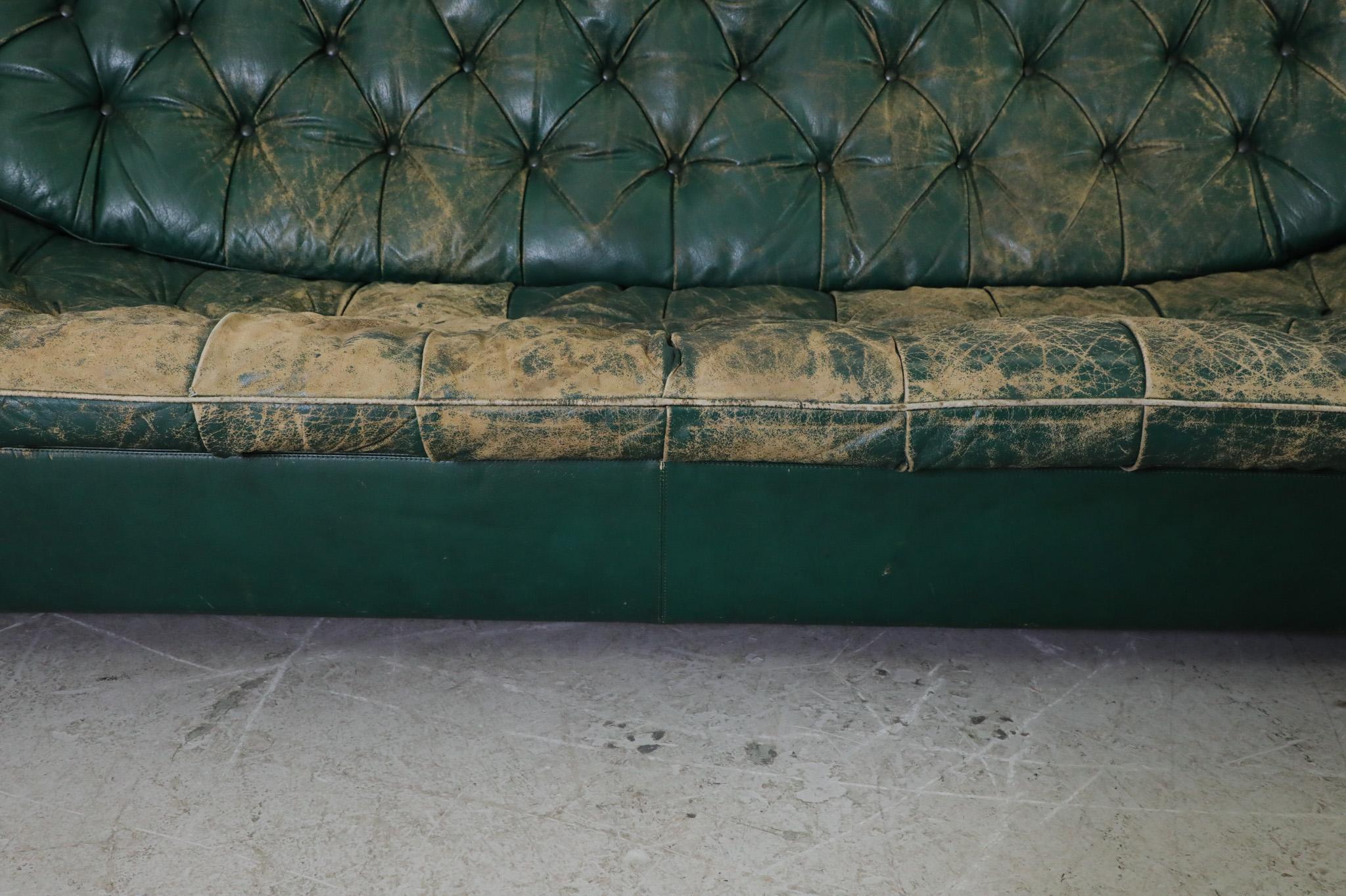Mid-Century Chesterfield Style Green Leather Tufted Sofa 8