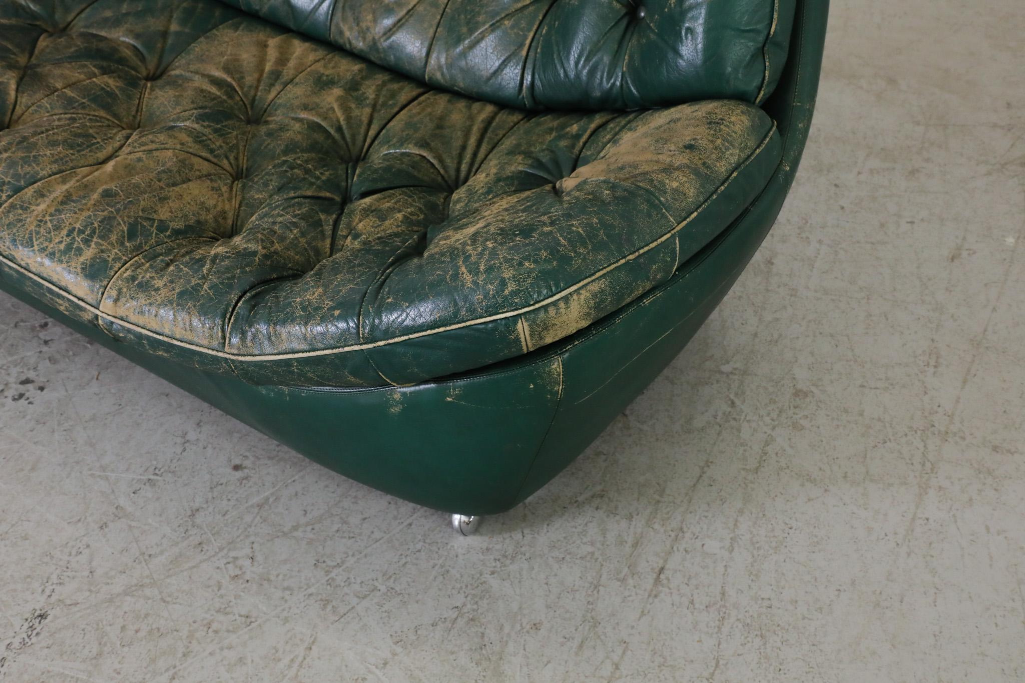 Mid-Century Chesterfield Style Green Leather Tufted Sofa 9