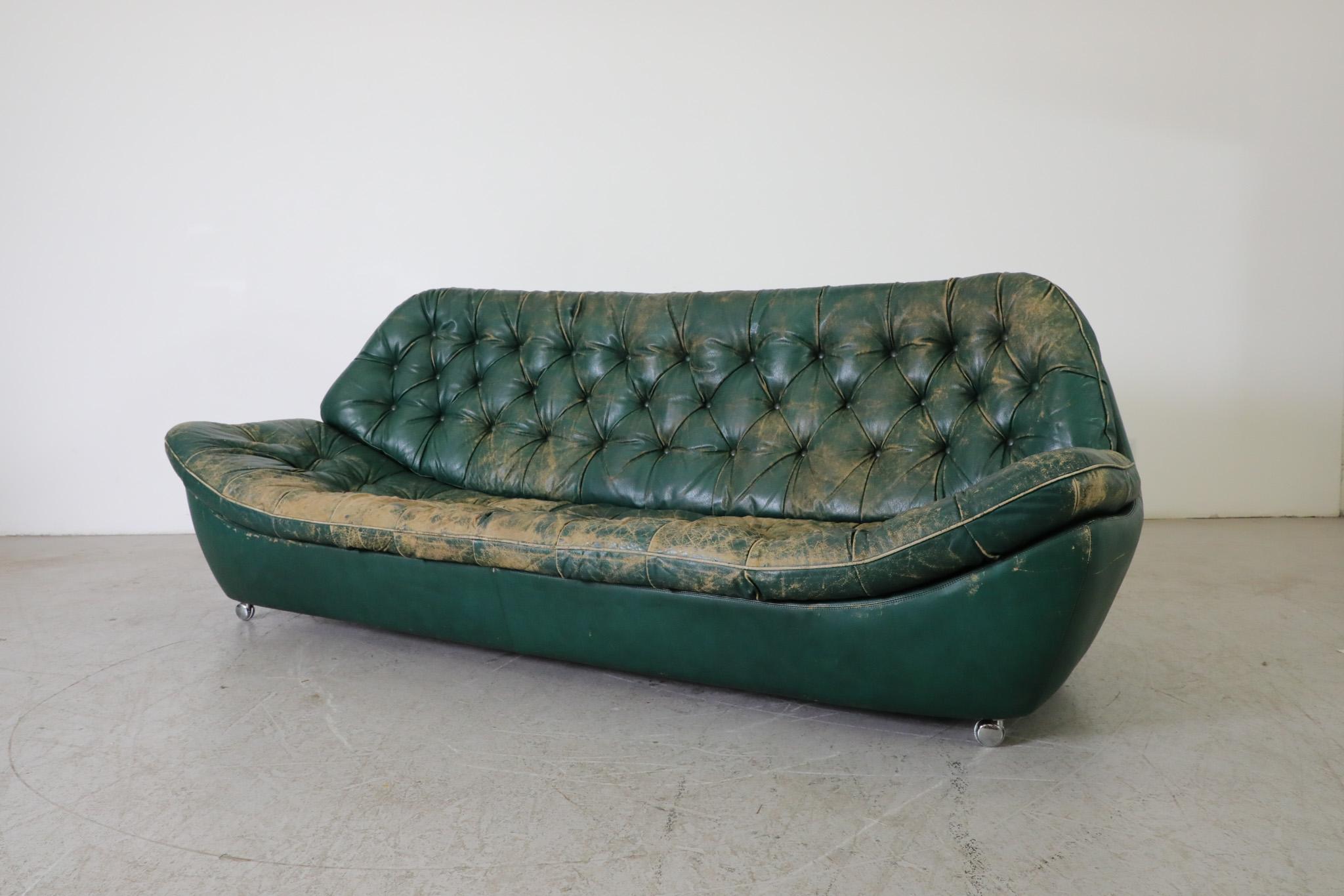 Mid-20th Century German Chesterfield Style Mid-Century Green Leather Tufted Sofa on Front Wheels For Sale