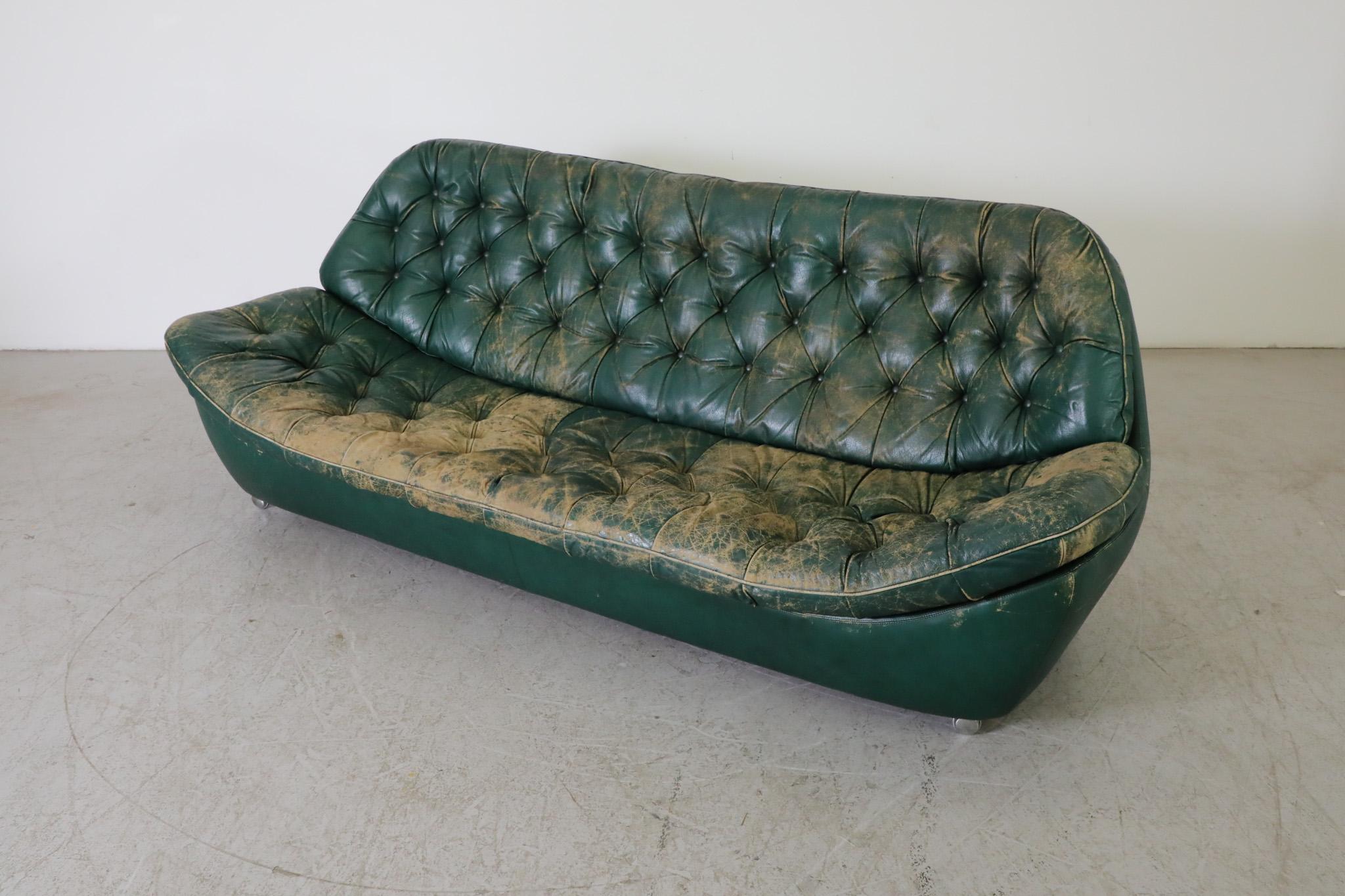 German Chesterfield Style Mid-Century Green Leather Tufted Sofa on Front Wheels For Sale 1