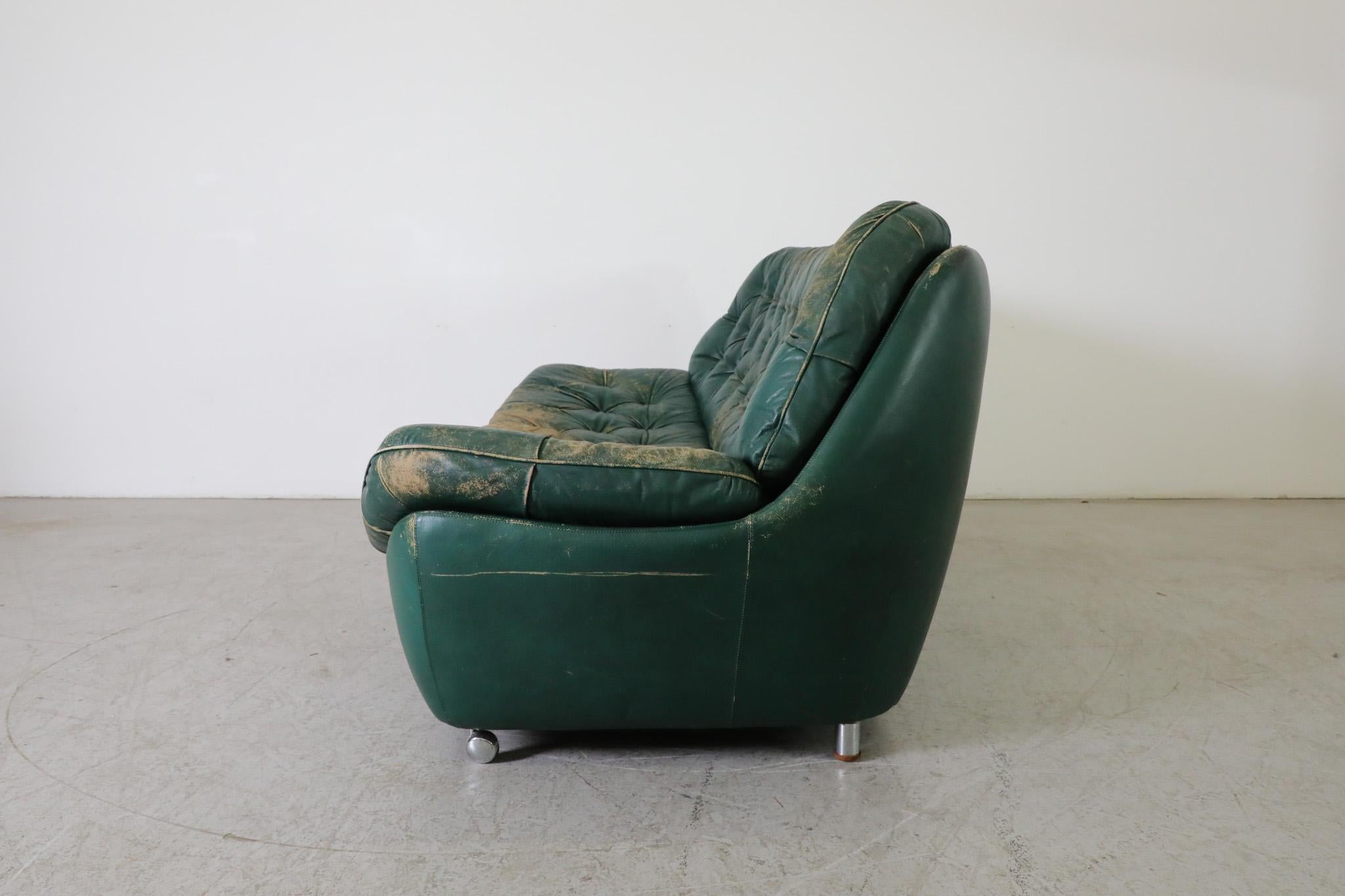 German Chesterfield Style Mid-Century Green Leather Tufted Sofa on Front Wheels For Sale 2