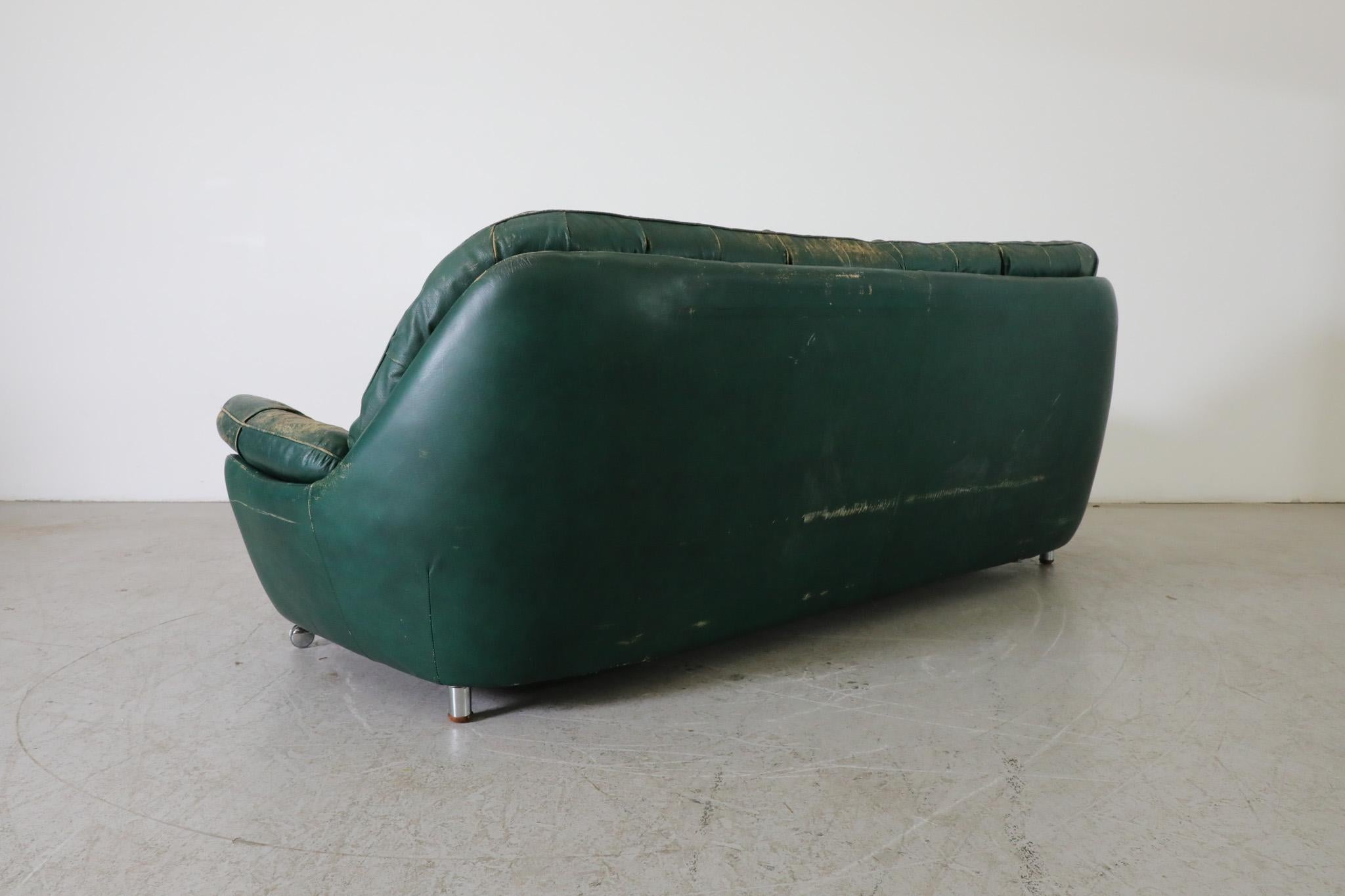 Mid-Century Chesterfield Style Green Leather Tufted Sofa 2