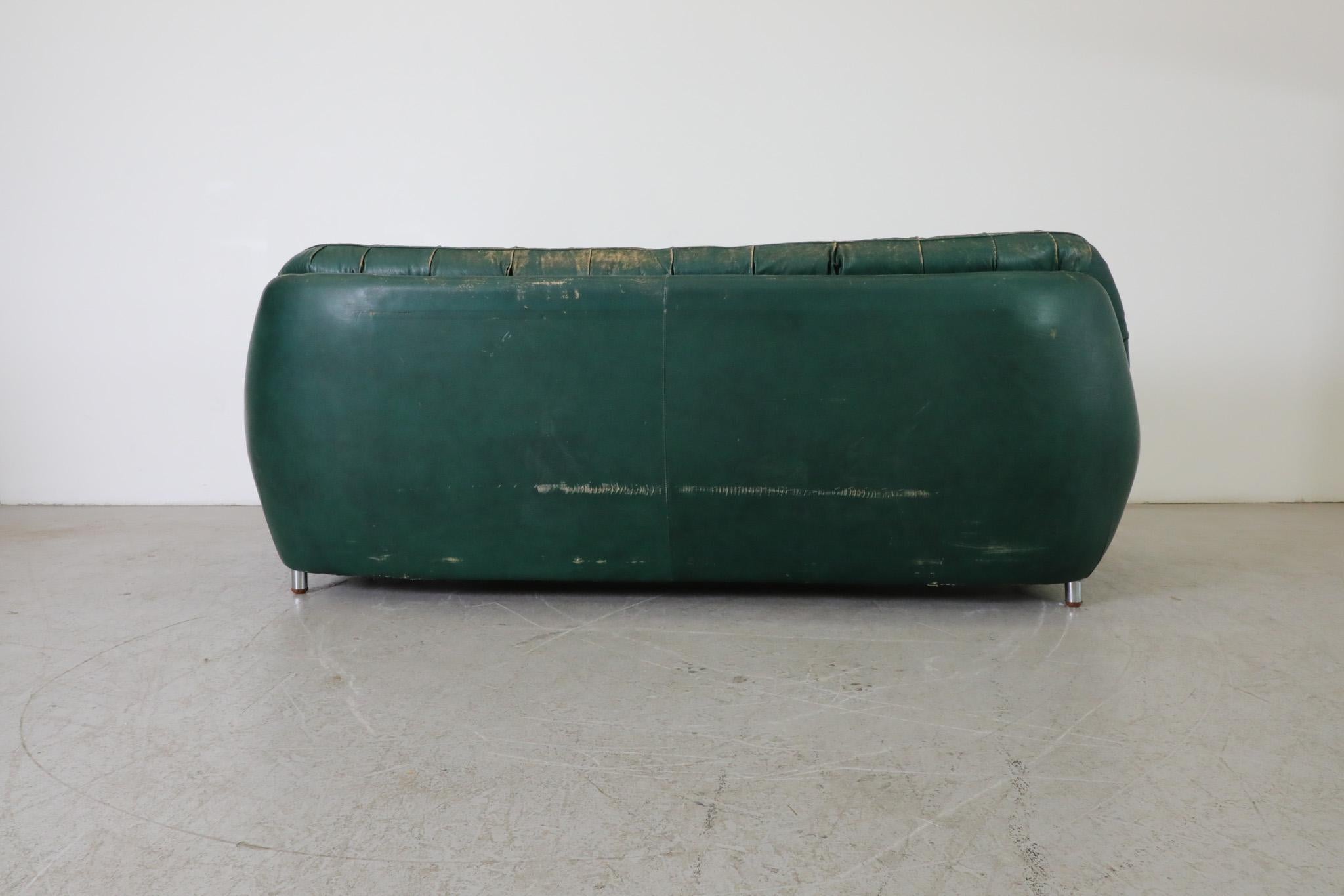 German Chesterfield Style Mid-Century Green Leather Tufted Sofa on Front Wheels For Sale 4