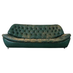 German Chesterfield Style Mid-Century Green Leather Tufted Sofa on Front Wheels