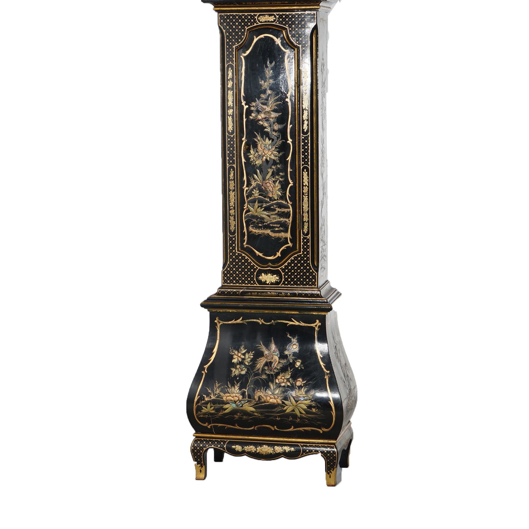 German Chinoiserie Gilt Decorated Black Lacquer Petite Tall Case Clock 20th C 5