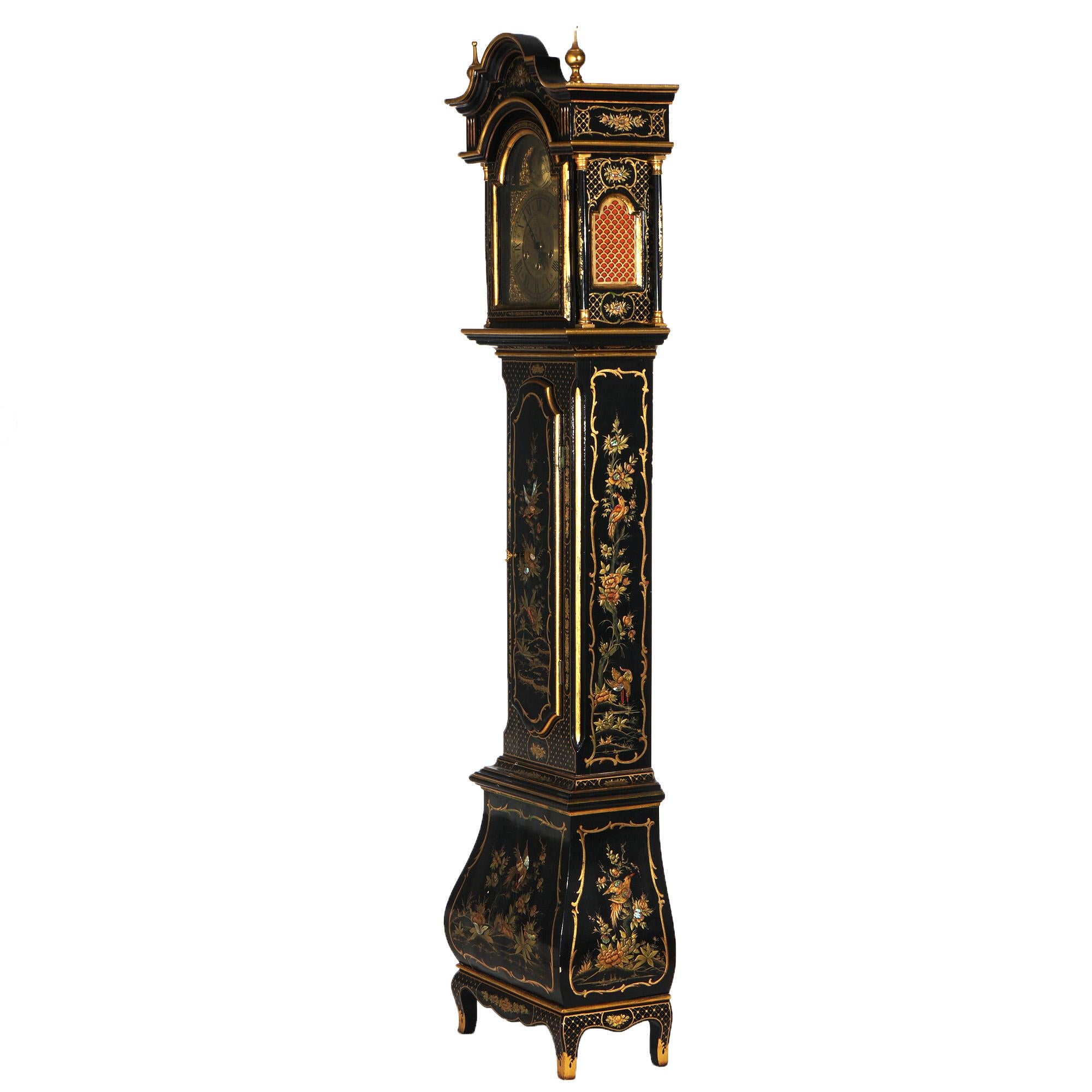 German Chinoiserie Gilt Decorated Black Lacquer Petite Tall Case Clock 20th C 8