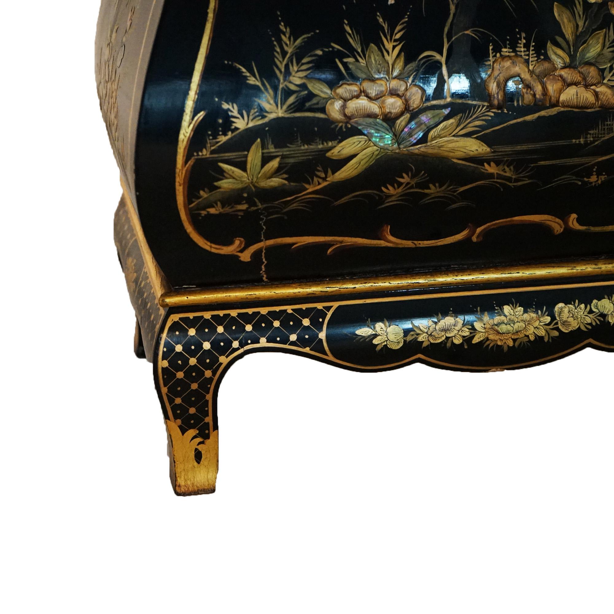 German Chinoiserie Gilt Decorated Black Lacquer Petite Tall Case Clock 20th C 9