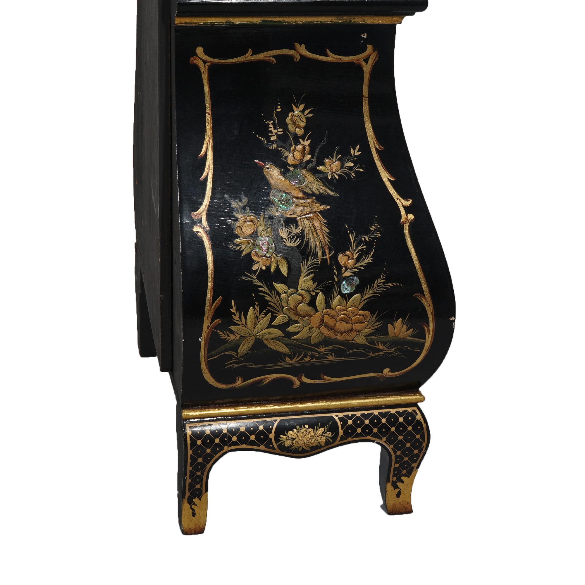 German Chinoiserie Gilt Decorated Black Lacquer Petite Tall Case Clock 20th C 10