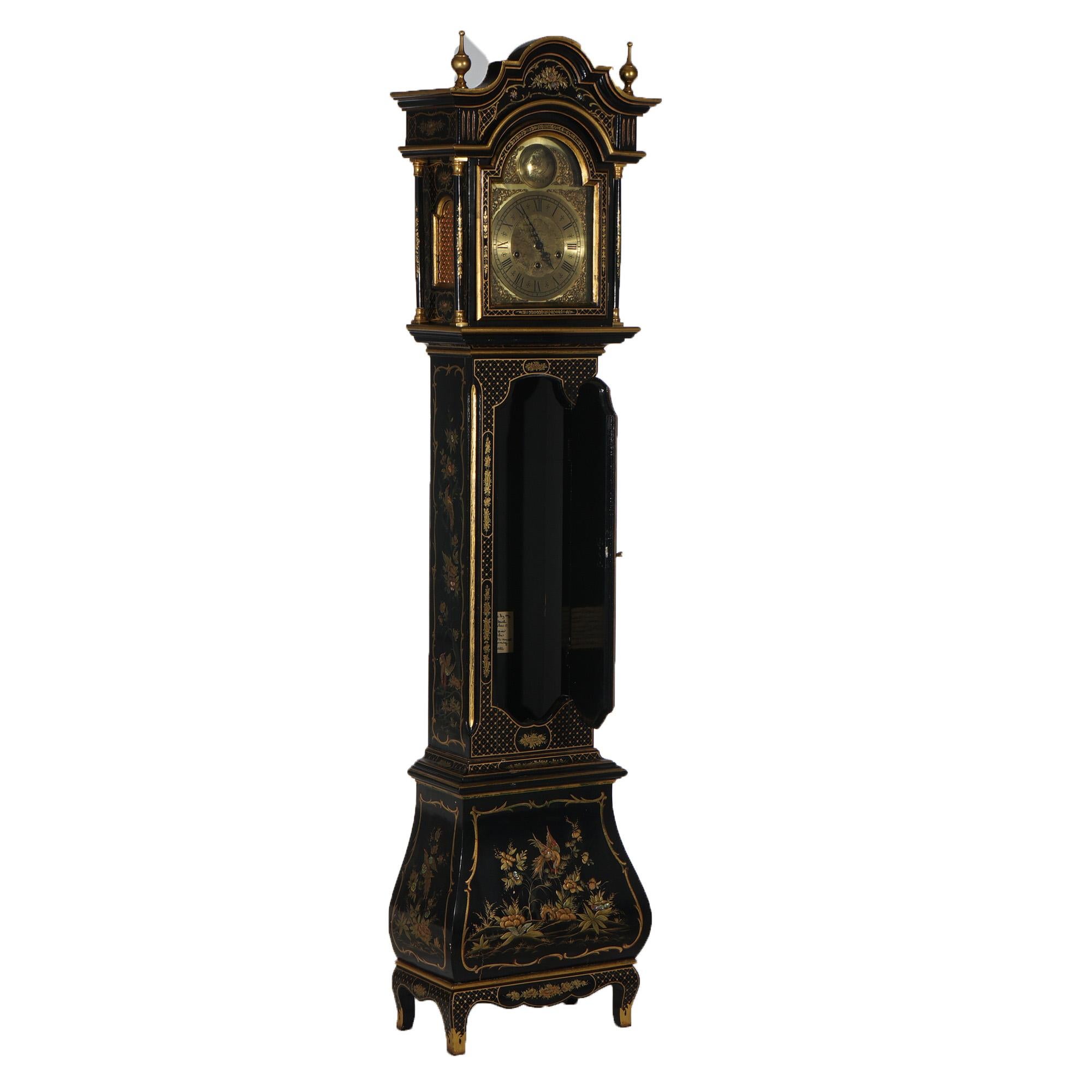 German Chinoiserie Gilt Decorated Black Lacquer Petite Tall Case Clock 20th C 11