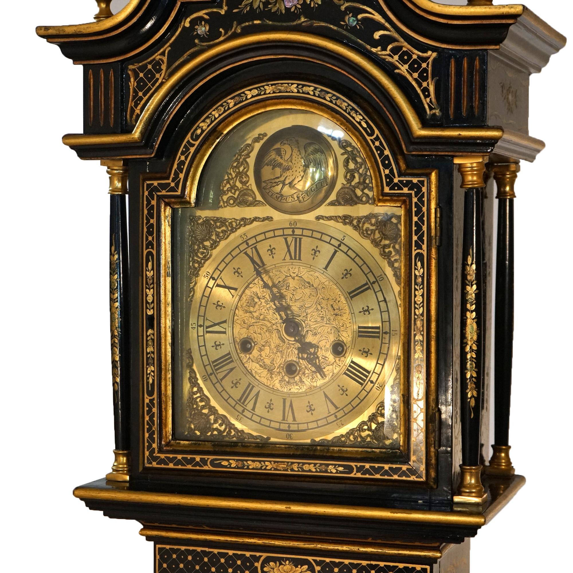 German Chinoiserie Gilt Decorated Black Lacquer Petite Tall Case Clock 20th C In Good Condition In Big Flats, NY