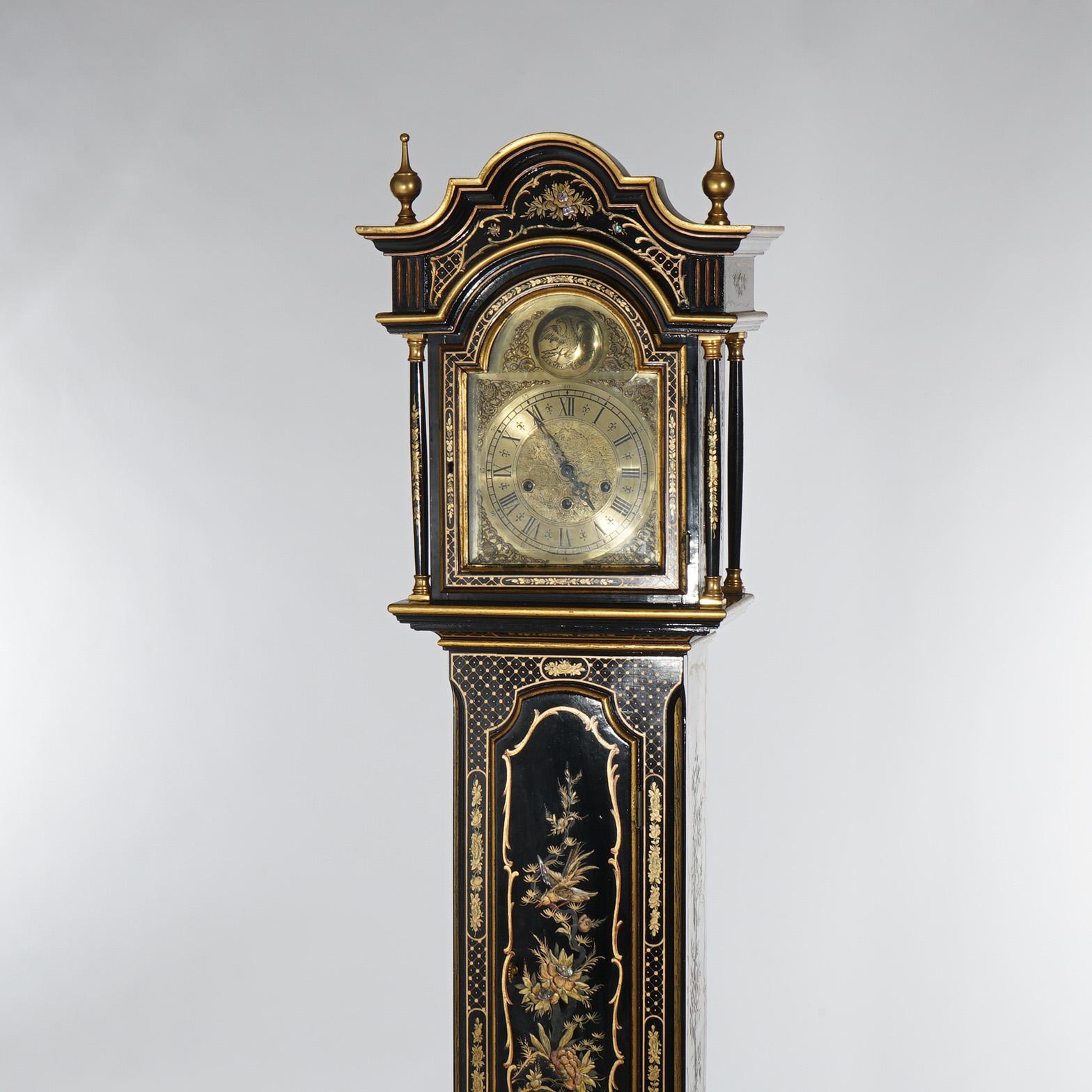 20th Century German Chinoiserie Gilt Decorated Black Lacquer Petite Tall Case Clock 20th C