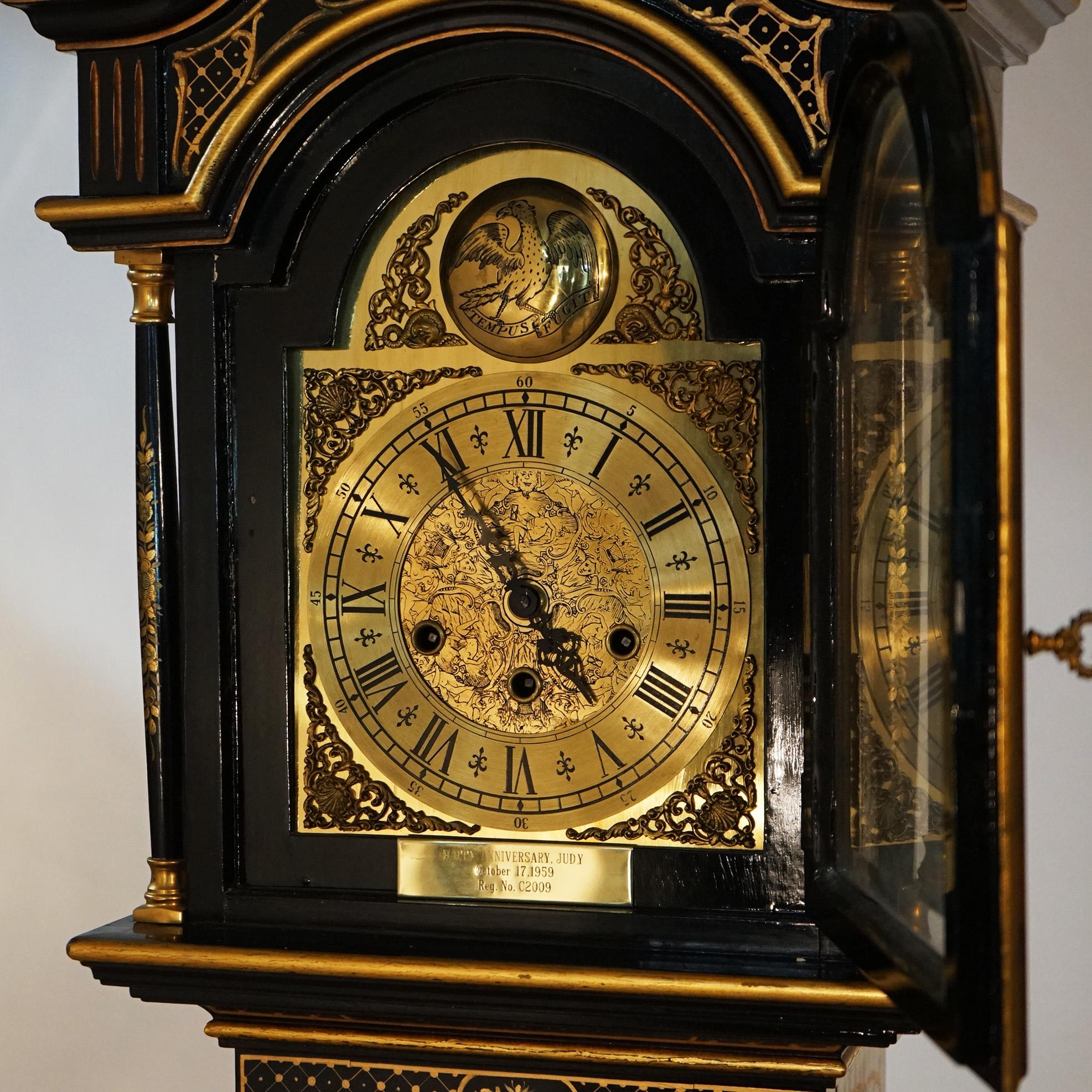 Wood German Chinoiserie Gilt Decorated Black Lacquer Petite Tall Case Clock 20th C