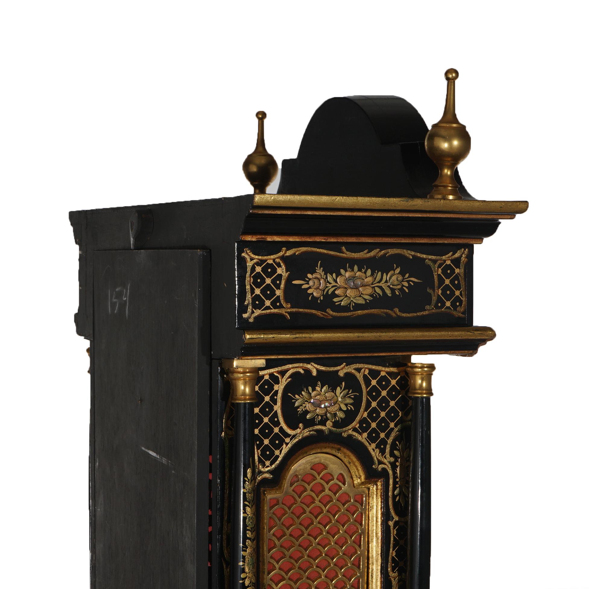 German Chinoiserie Gilt Decorated Black Lacquer Petite Tall Case Clock 20th C 4