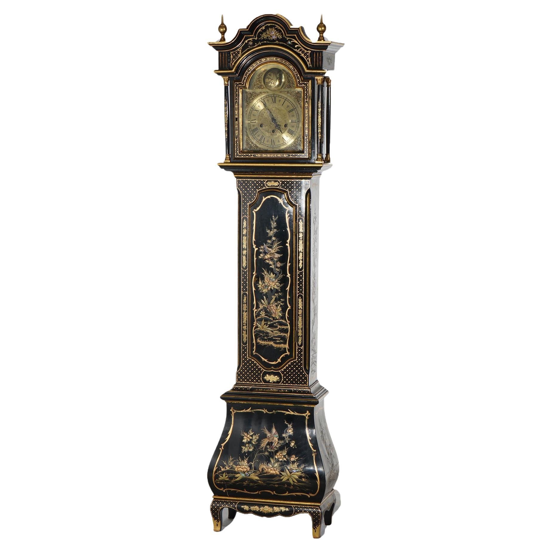 German Chinoiserie Gilt Decorated Black Lacquer Petite Tall Case Clock 20th C