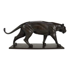 German Christian Aeckerlin Bronze Striding Lioness Sculpture, Chocolate Patina