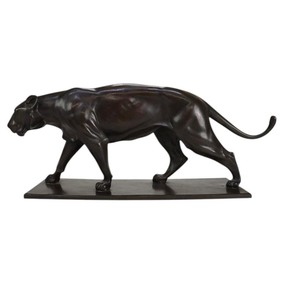 German Christian Aeckerlin Bronze Striding Lioness Sculpture, Chocolate Patina
