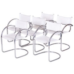 German Chrome Bauhaus Armchairs 6 Pcs, Original High Quality White Leather 1970s