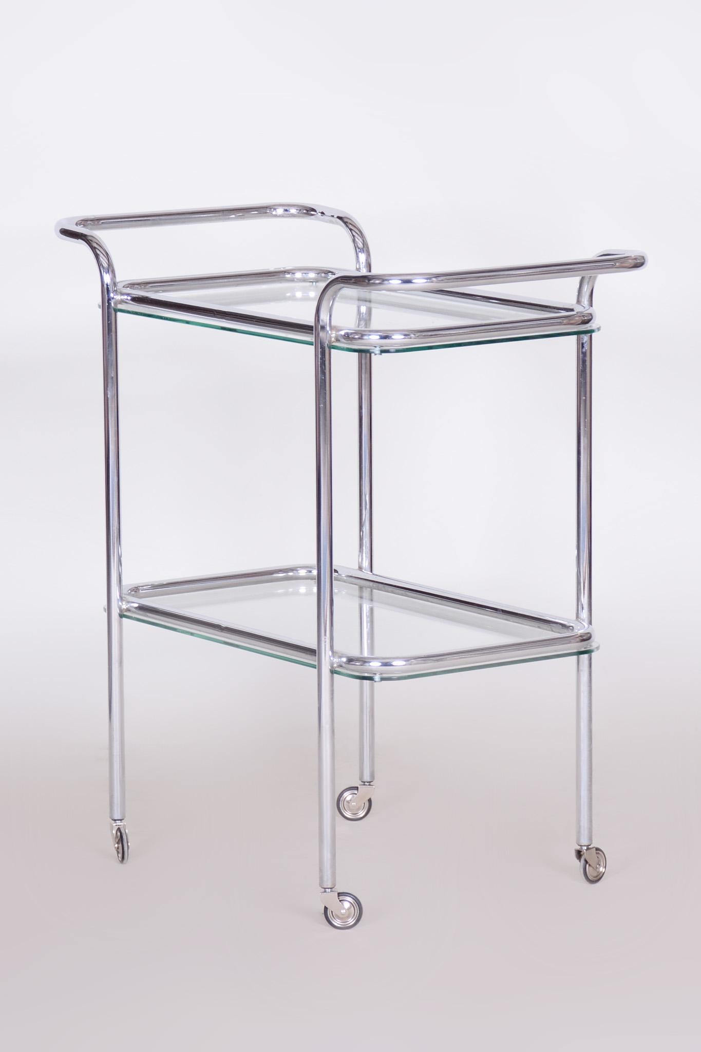 German Chrome & Glass Trolley, Original Condition, Bauhaus, Made 1940s In Good Condition For Sale In Horomerice, CZ