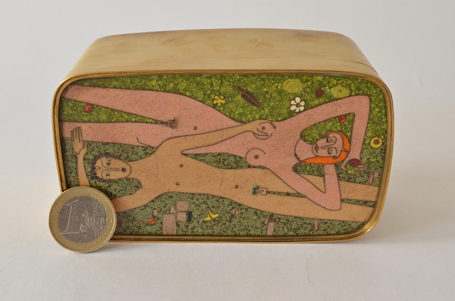 Mid-Century Modern German Cloisonné Enamel Brass Box, Scene Nude Lovers in a Greenfield Midcentury
