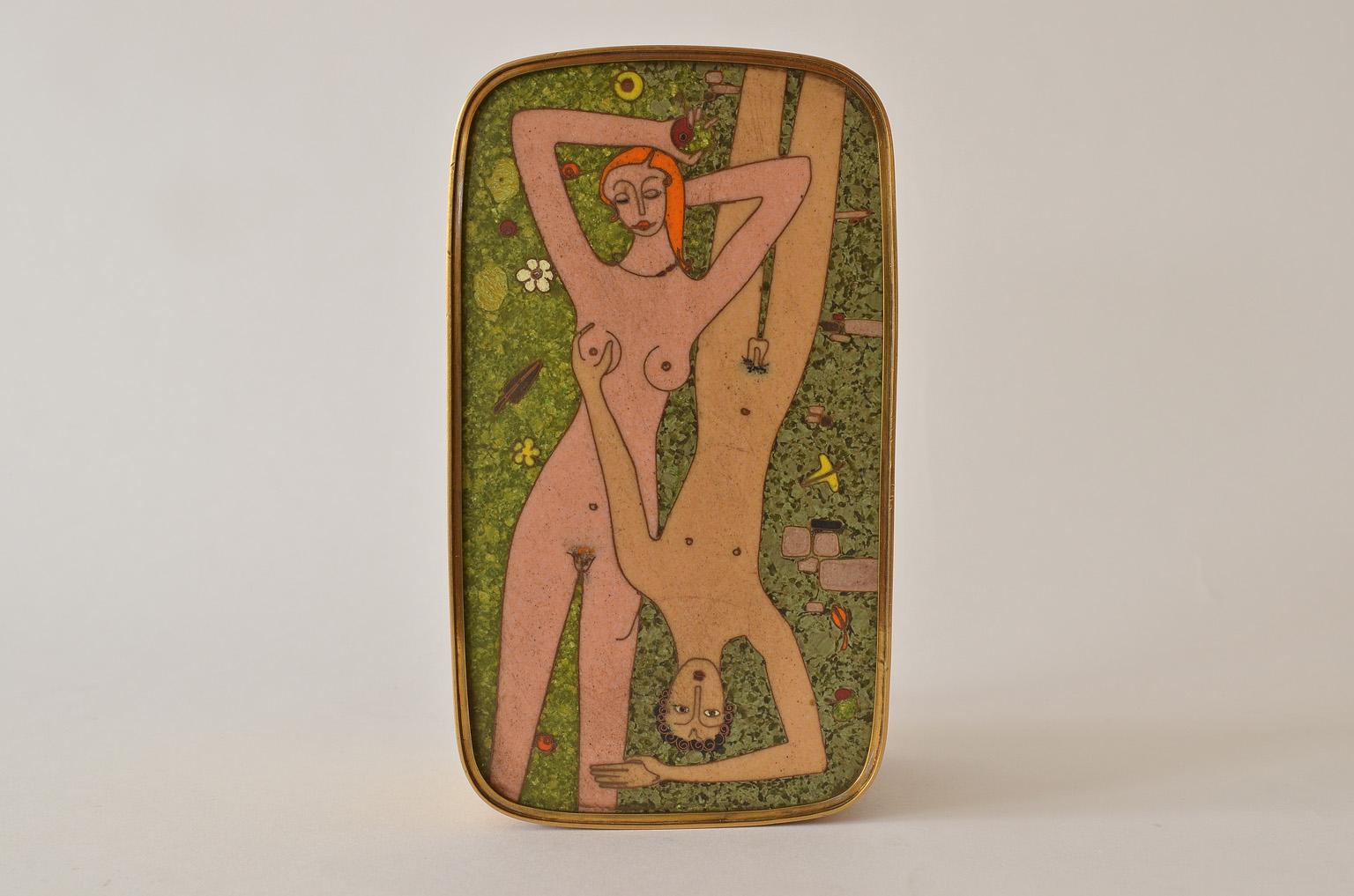 Cloissoné German Cloisonné Enamel Brass Box, Scene Nude Lovers in a Greenfield Midcentury