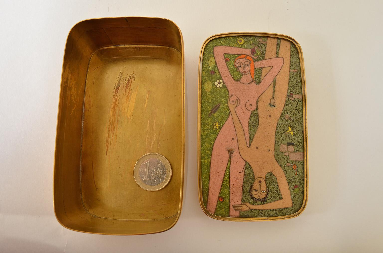 Mid-20th Century German Cloisonné Enamel Brass Box, Scene Nude Lovers in a Greenfield Midcentury