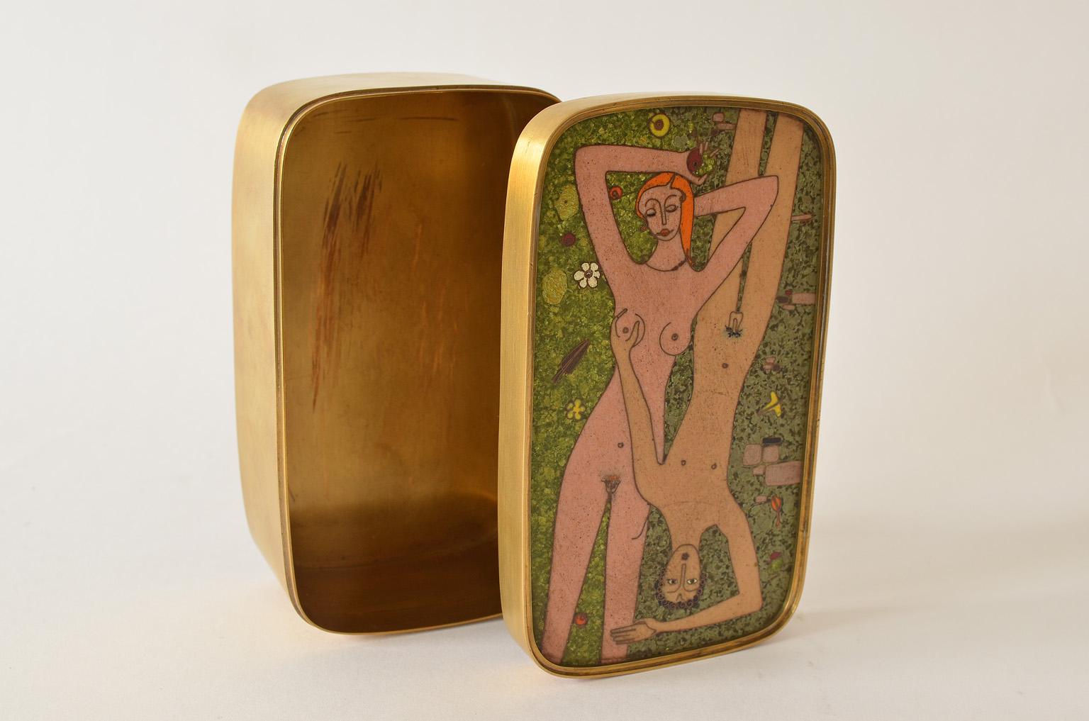 German Cloisonné Enamel Brass Box, Scene Nude Lovers in a Greenfield Midcentury 1