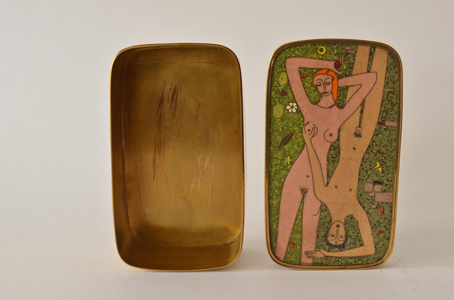 German Cloisonné Enamel Brass Box, Scene Nude Lovers in a Greenfield Midcentury 3