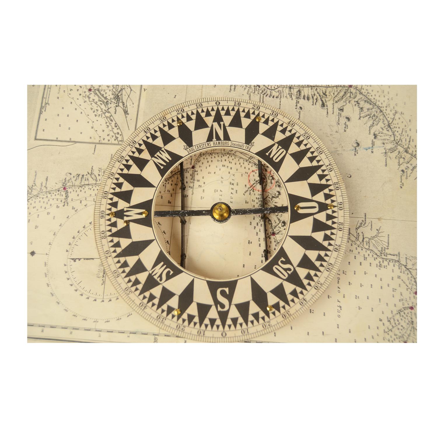 Compass nautique magnétique allemand de 1860 dans sa boîte en bois d'origine avec couvercle à fente 1