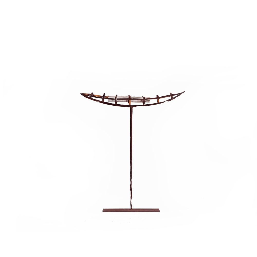 Contemporary Boat or Canoe Silhouette Rusted Iron and Wood and Stand - Brown Nude Sculpture by German Consetti