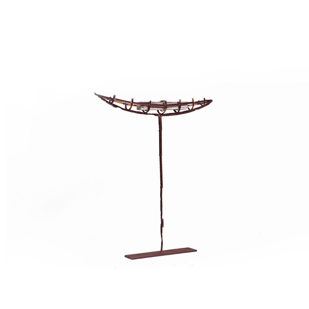 Contemporary Boat or Canoe Silhouette Rusted Iron and Wood and Stand