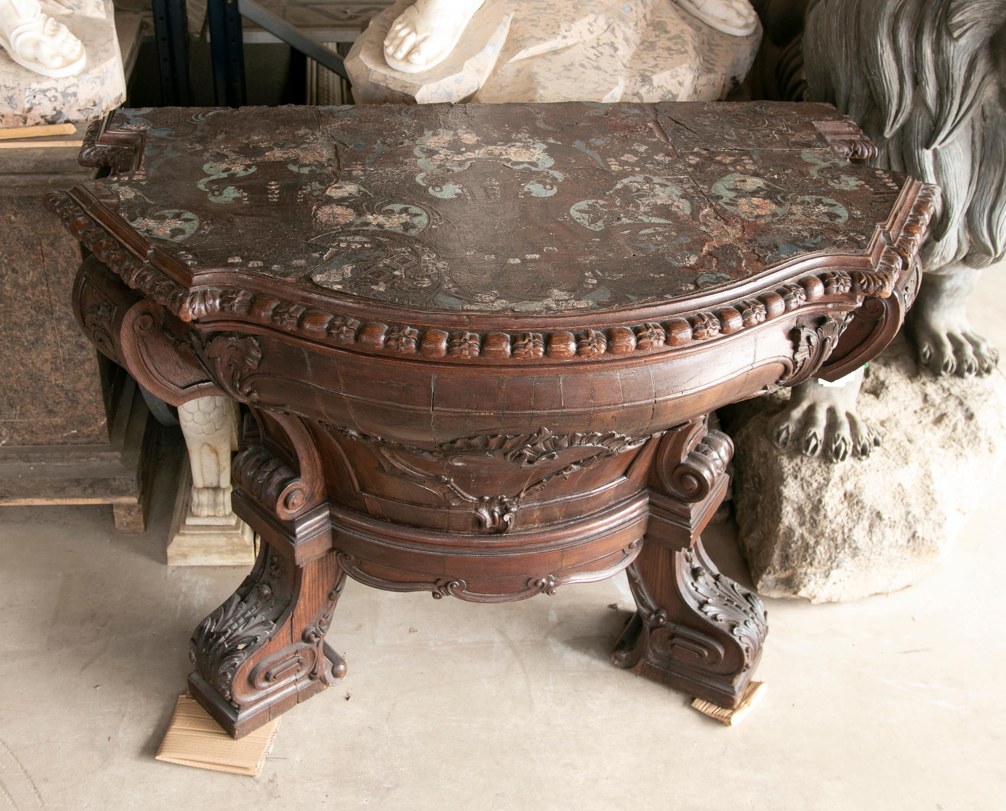 German Console Handcarved in Wood with Cordoban Top For Sale 3