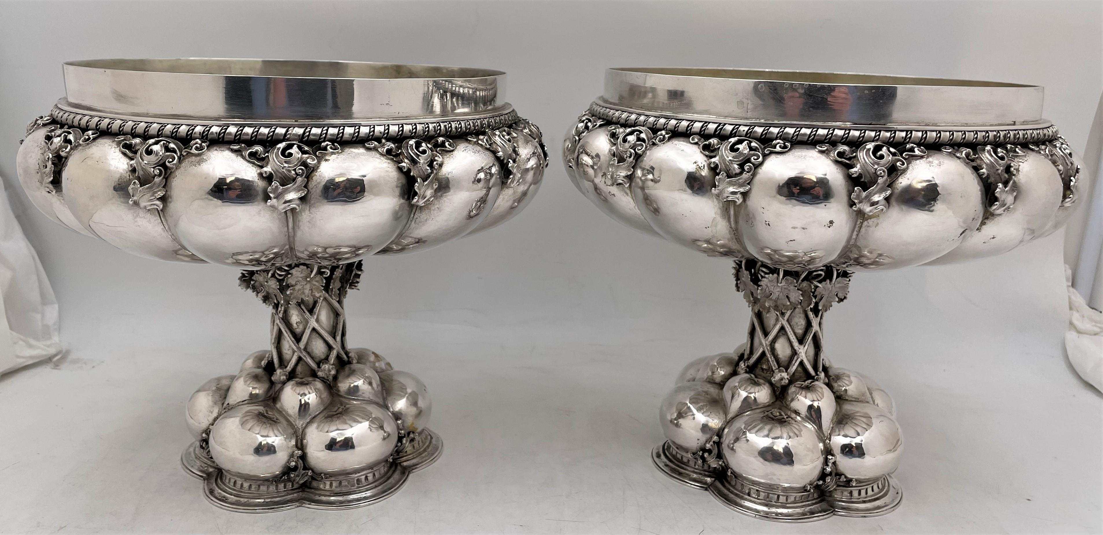 Neresheimer, German continental 0.800 silver pair of compotes or footed centerpiece bowls displaying exquisite craftsmanship in the hammering of the silver and in the delicate decorative motifs adorning the body of the centerpieces from the late