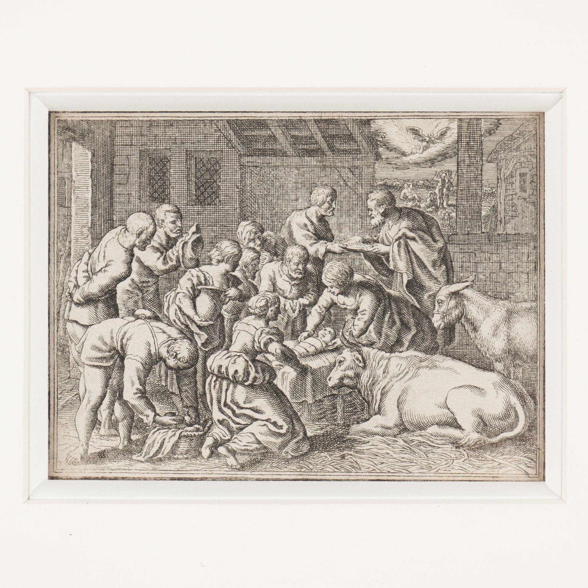 Copperplate engraving of the nativity printed on hand laid paper. The piece has an incredible level of fine detail for the diminutive size of the work.
German, circa 17th century.