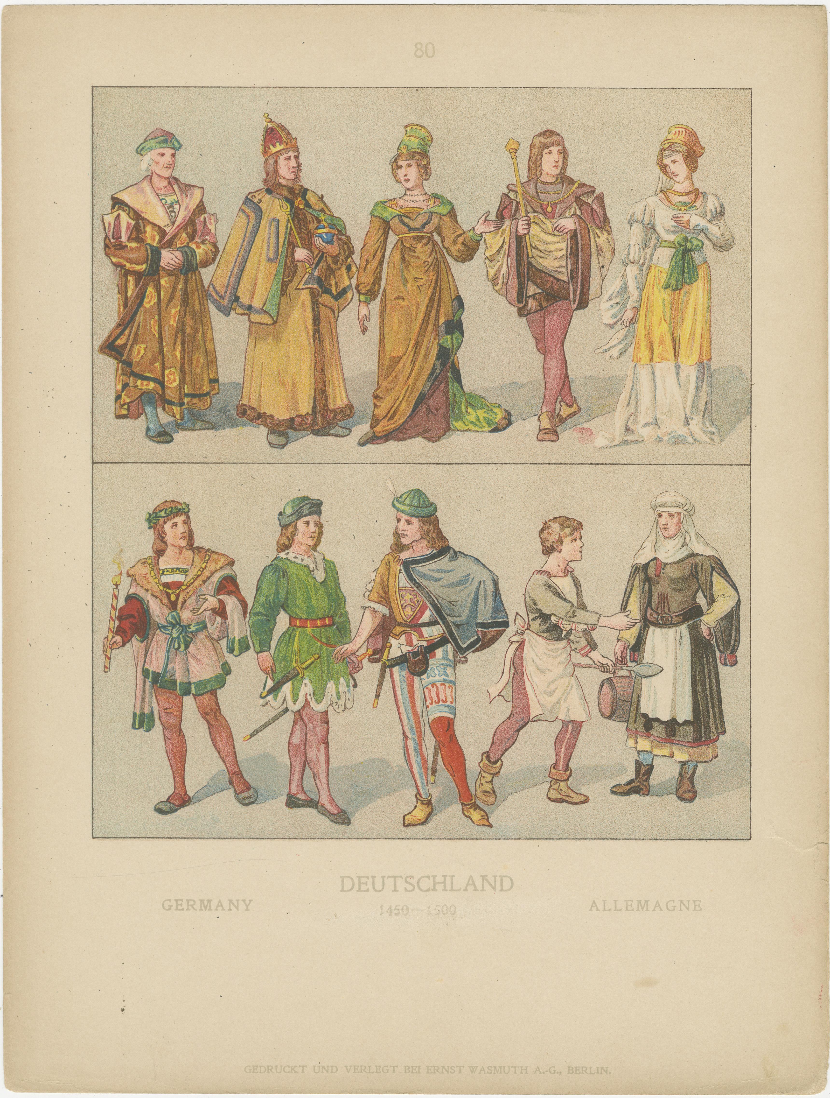 Satz von drei deutschen Trachtentellern 1450-1670, handkolorierte antike Drucke

Dieses wunderschön aufeinander abgestimmte Set von drei handkolorierten Kostümtafeln präsentiert eine umfassende visuelle Geschichte der deutschen Kleidung von 1450 bis