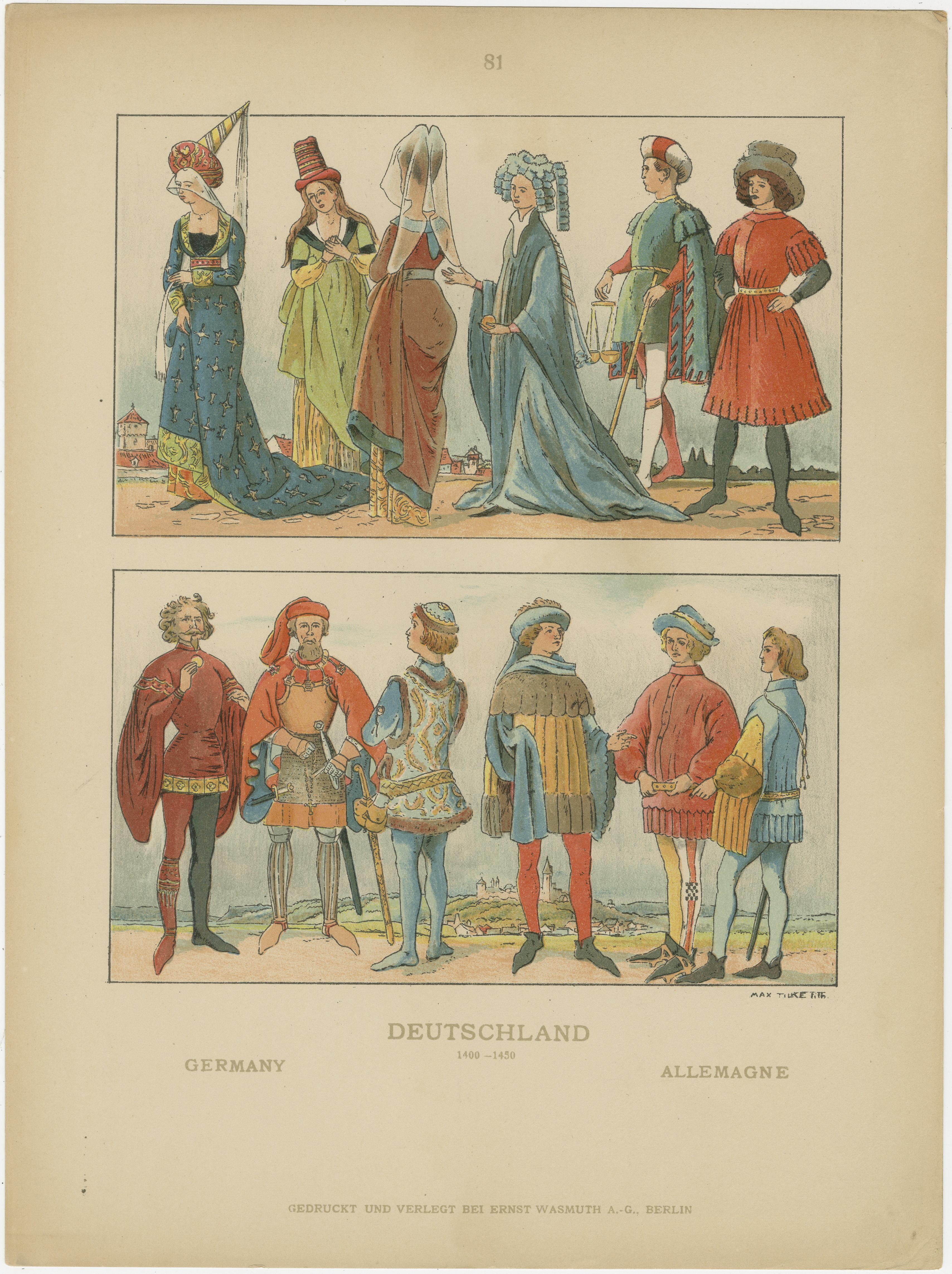 Deutsche Trachtengeschichte 1450-1670, Satz von drei antiken handkolorierten Drucken, 1880 im Zustand „Gut“ im Angebot in Langweer, NL
