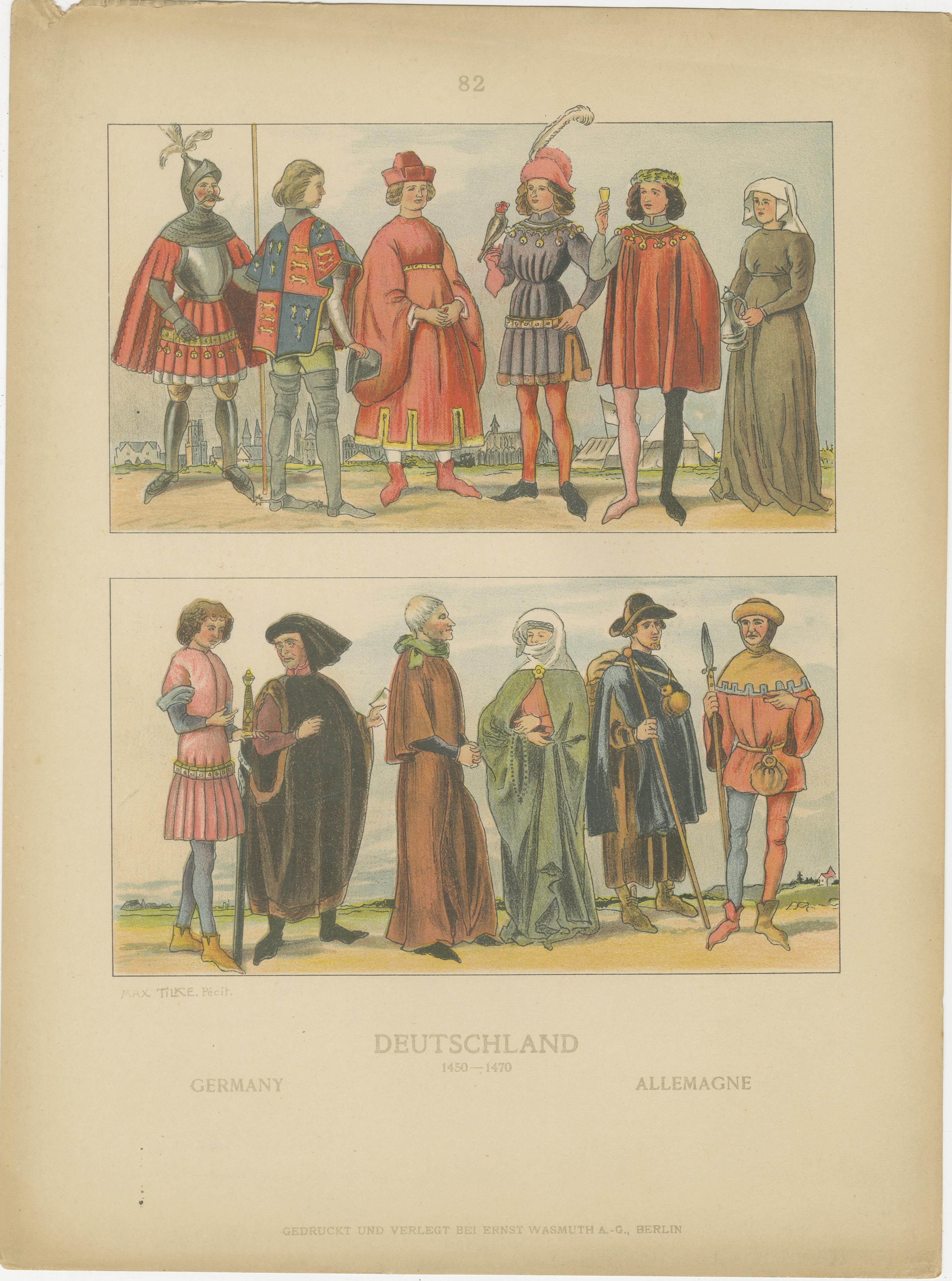 Deutsche Trachtengeschichte 1450-1670, Satz von drei antiken handkolorierten Drucken, 1880 (Spätes 19. Jahrhundert) im Angebot